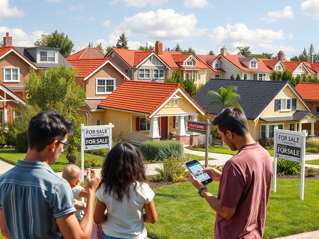 Семья осматривает дома на продажу, стоя на газоне с рекламными табличками. Жаркий солнечный день.