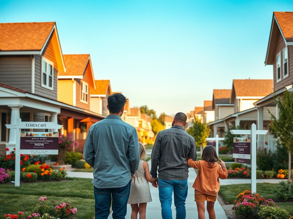 Семья прогуливается по красивой улице с домами и цветами в спокойной атмосфере на закате.