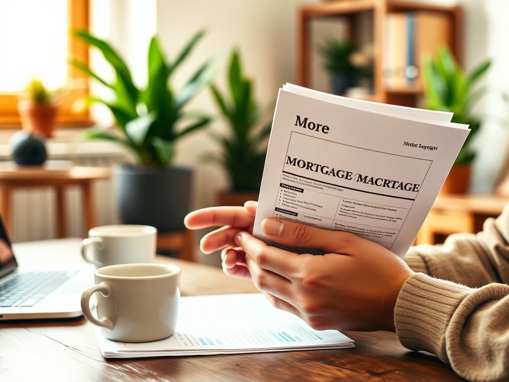 На столе документы по ипотеке и кофе. Человек рассматривает информацию, окружённый зелеными растениями.