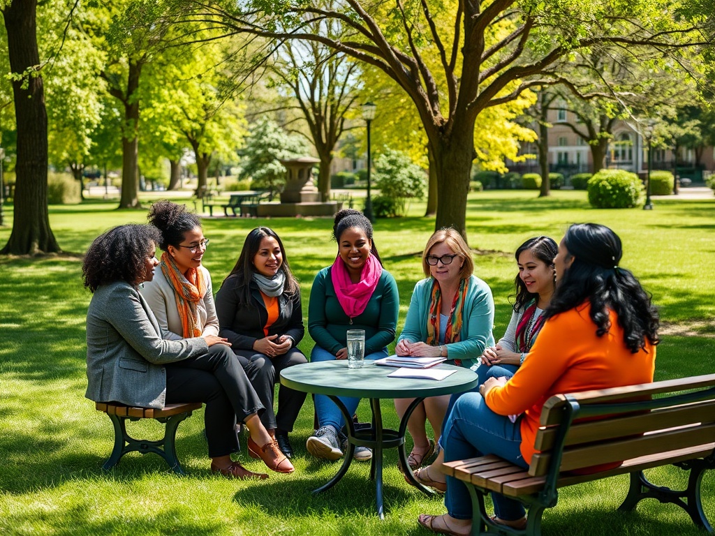 Группа женщин обсуждает идеи на улице в парке, окруженная зелеными деревьями и ярким солнечным светом.