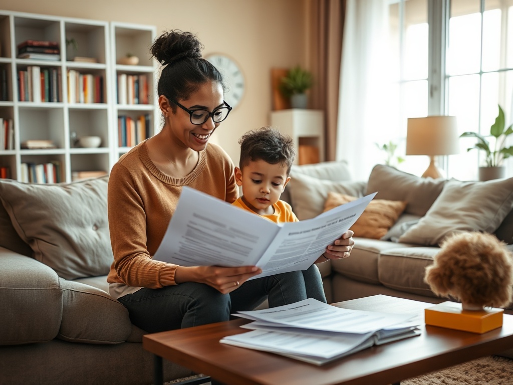 Мама и ребенок читают документы на столе в уютной комнате с множеством книг и мягкой мебелью.
