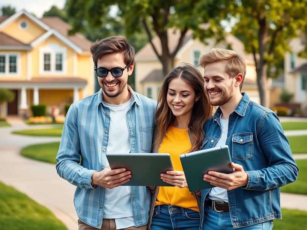 Трое друзей стоят на улице, смотрят на планшеты и улыбаются, на фоне домов и зелени.