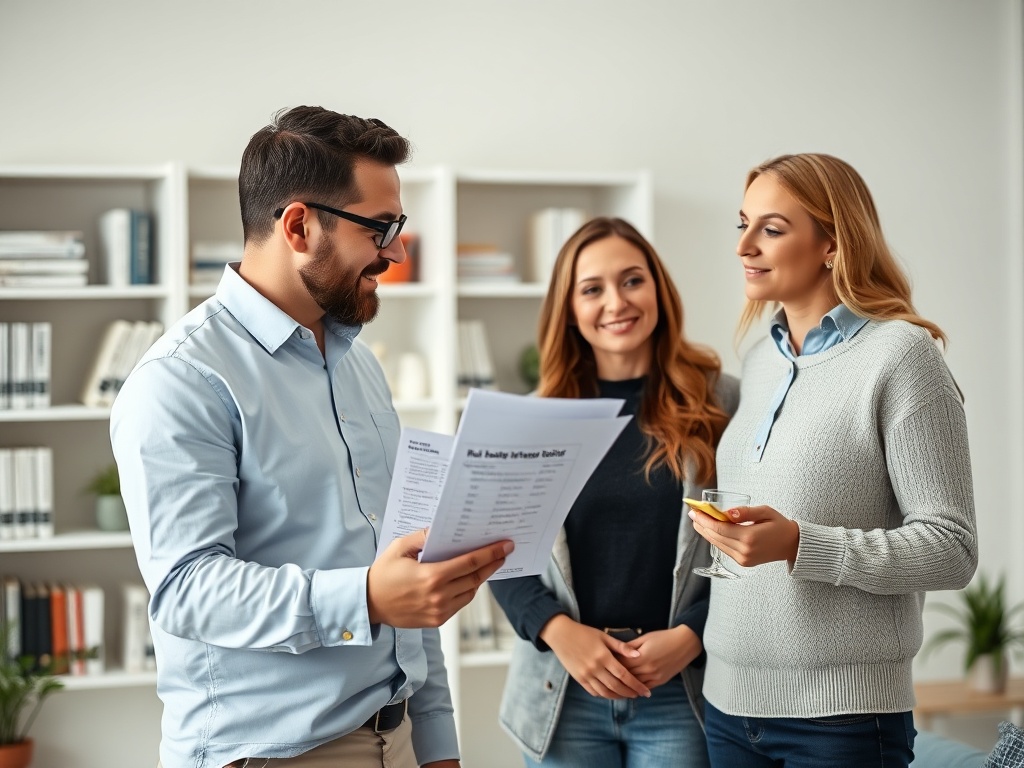 На встрече три человека обсуждают документы и делятся мнениями, атмосфера дружелюбная и рабочая.