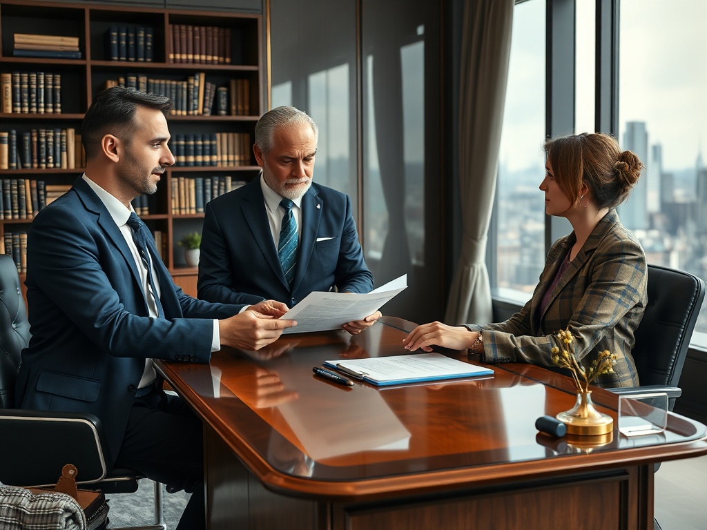 Трое людей в офисе обсуждают документы за столом, окружённые библиотекой с книгами.