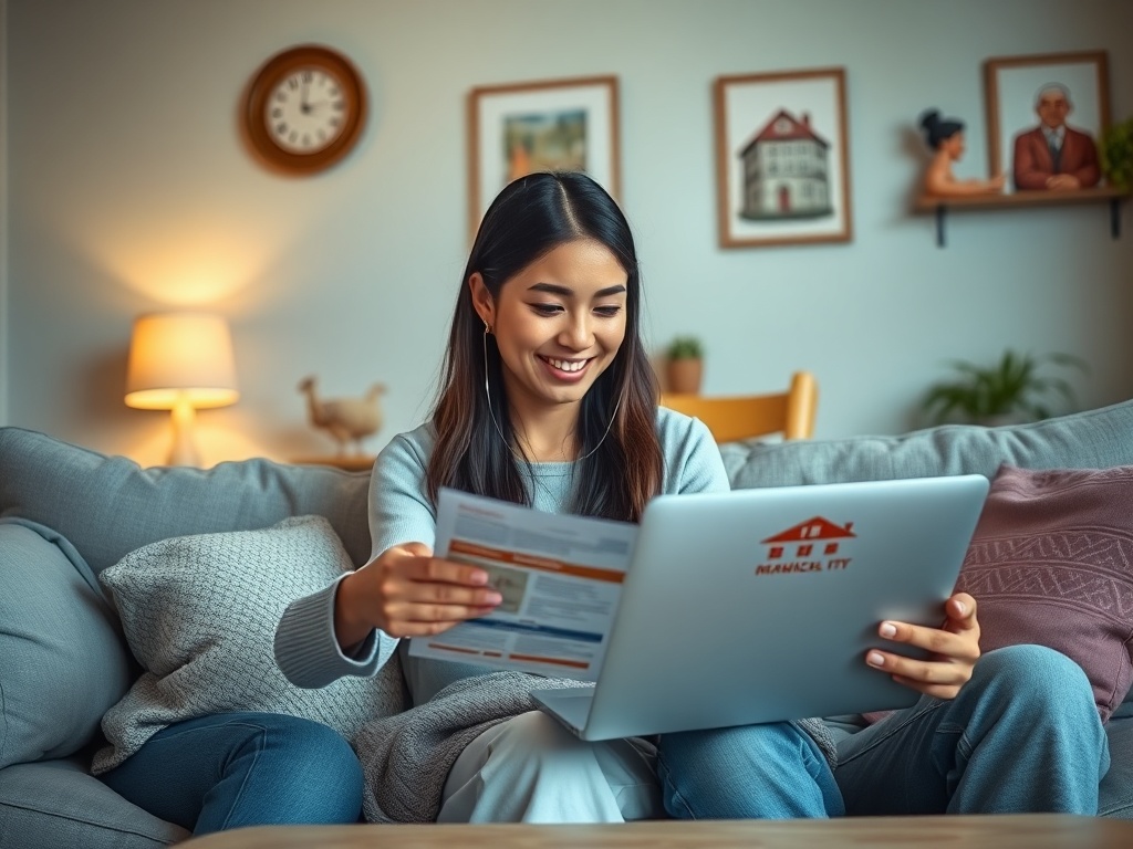 Молодая женщина сидит на диване, улыбается и смотрит на экран ноутбука, держа в руках документы.